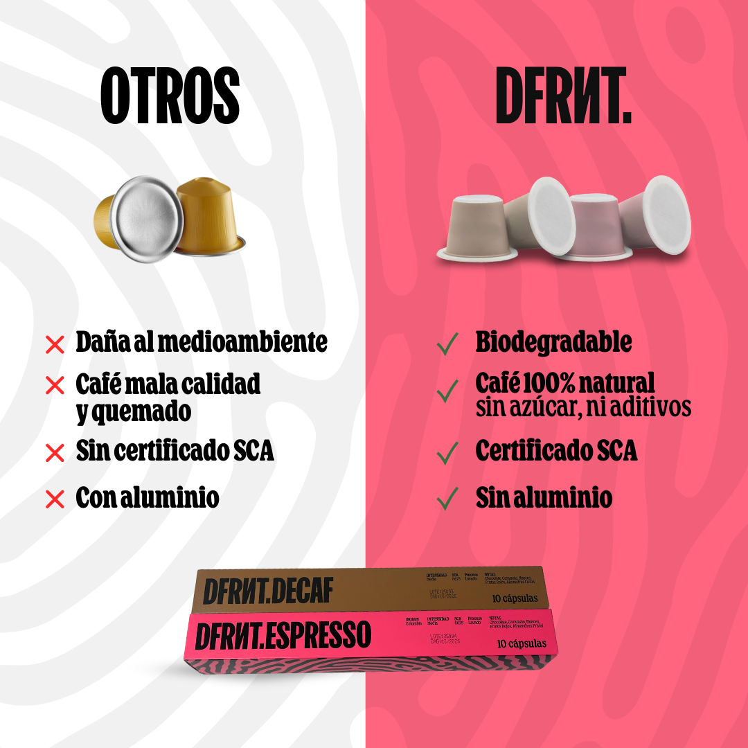 Cápsulas DFRNT.DECAF | Compatibles Nespresso | Café de especialidad Colombia | Biodegradables - DFRNT.